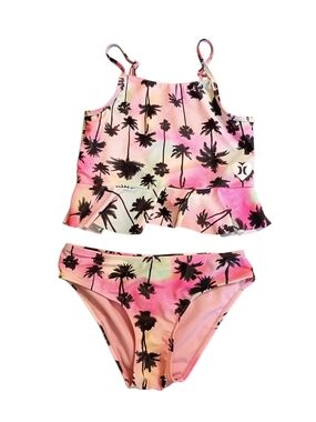 EUC Hurley Girls' Pink Palm-Print Two-Piece Swim Set Tankini 7/8